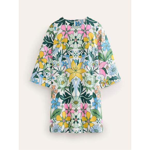 New Boden Flare Linen Floral Mini Dress Green White Back Button 3/4 Sleeve Sz 10 - Picture 6 of 14